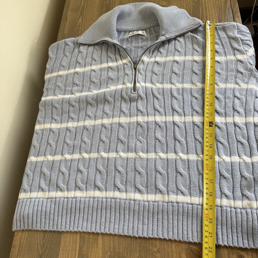 Hollister Womens Medium Blue White Stripe 1/4 Zip Cable Knit Long Sleeve Sweater - Picture 7 of 7